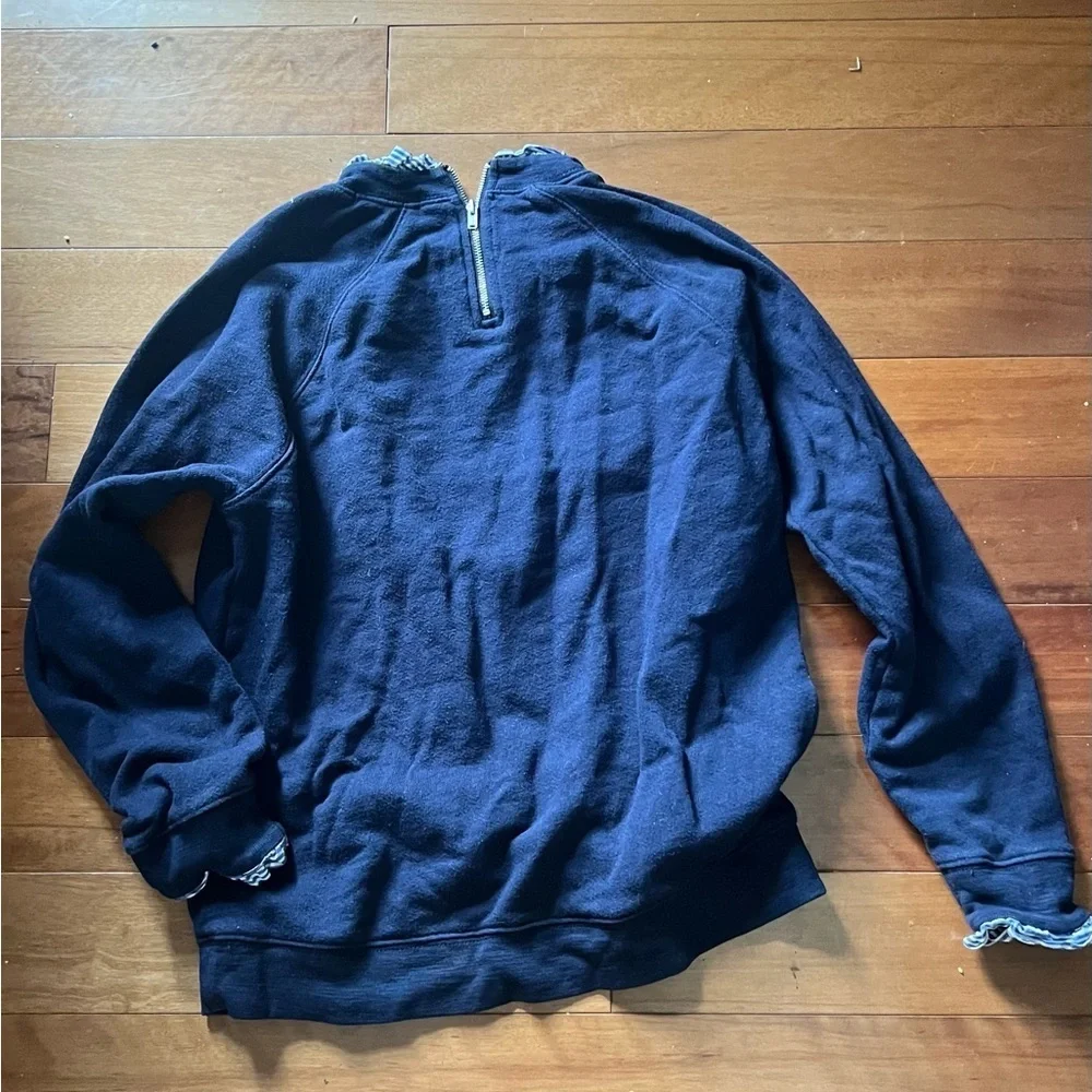 J.Crew dark blue women’s small sweater with blue & white ruffle trim.